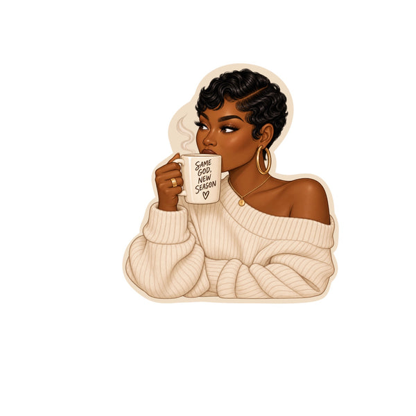 Black woman with short finger waves holding a mug that says Same God New Season
