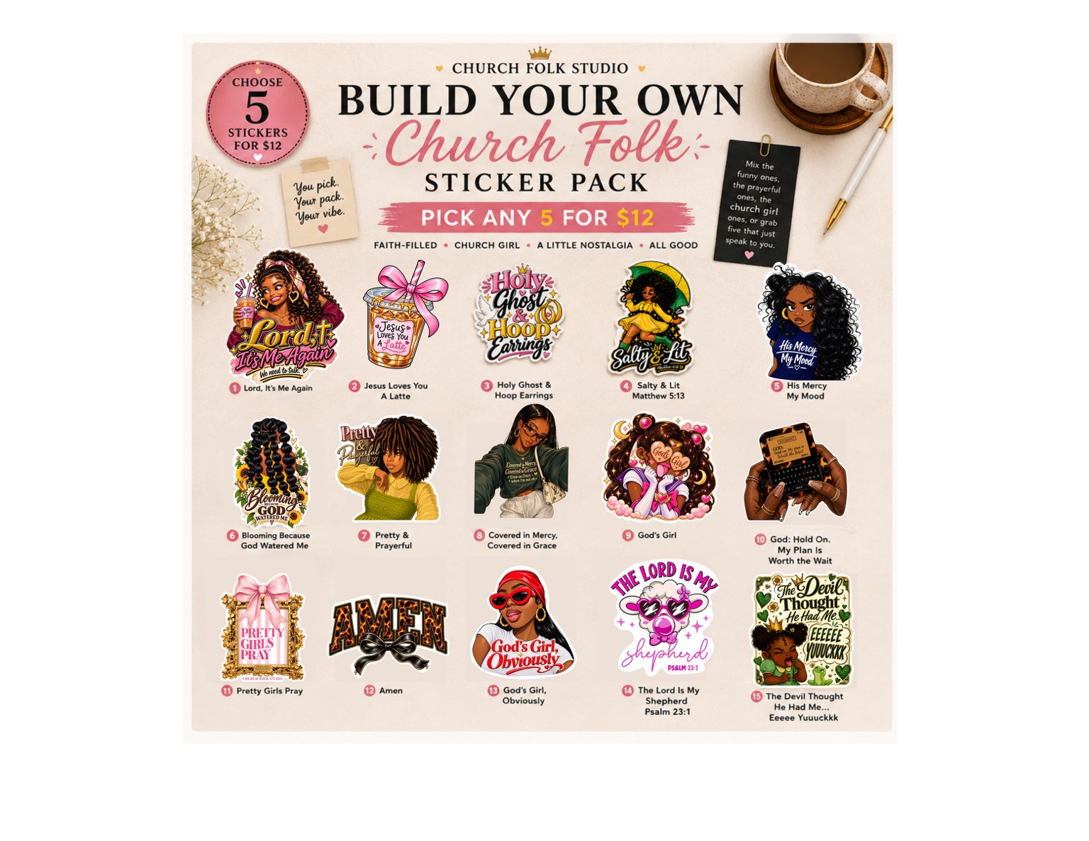 Build Your Own Church Folk Sticker Pack featuring 15 Church Folk Studio sticker designs, pick any 5 for $12