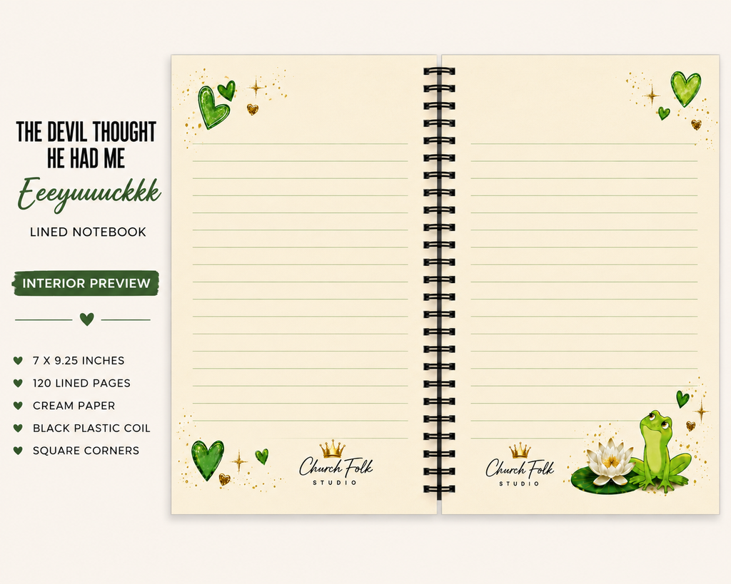 The Devil Thought He Had Me Eeeyuuuckkk lined notebook interior preview with cream paper, green lines, black plastic coil and square corners