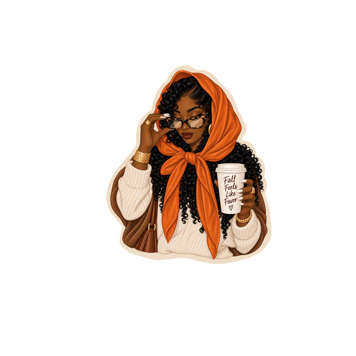 Stylish Black woman in orange scarf holding coffee cup that says Fall Feels Like Favor